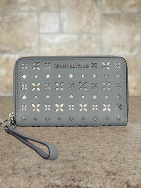 Michael Kors Zip Around Wallet Wristlet Laser Cut Dusty Blue